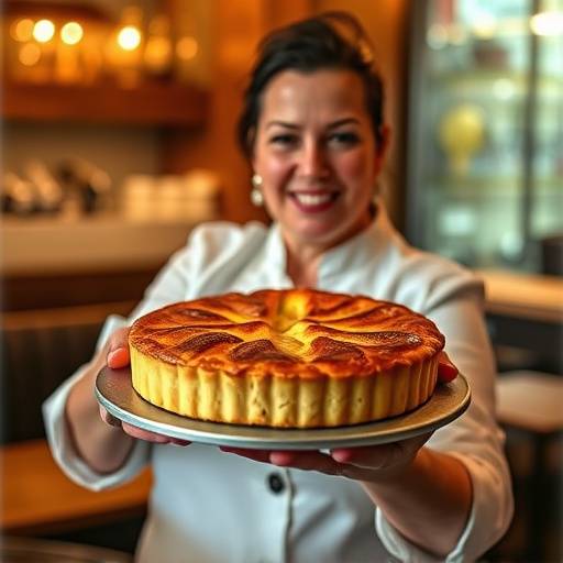 Foto de Carmen Jiménez, la pastelera del Café Aromas del Sur, mostrando una tarta de Santiago recién horneada