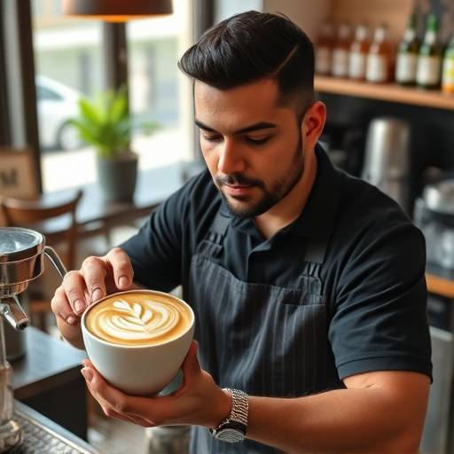 Foto de Manuel Pérez, el barista principal del Café Aromas del Sur, preparando un café con arte latte