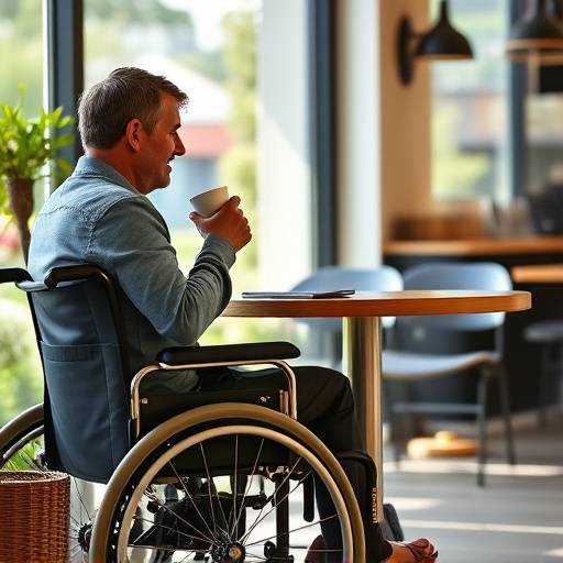 Imagen de una persona en silla de ruedas disfrutando de un café en una mesa accesible en Aromas del Sur