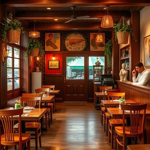 Interior acogedor del Café Aromas del Sur con mesas y sillas de madera