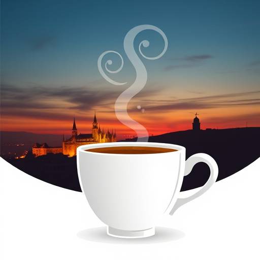 Logotipo de Café Aromas del Sur: una taza de café humeante con el horizonte de Sevilla al atardecer